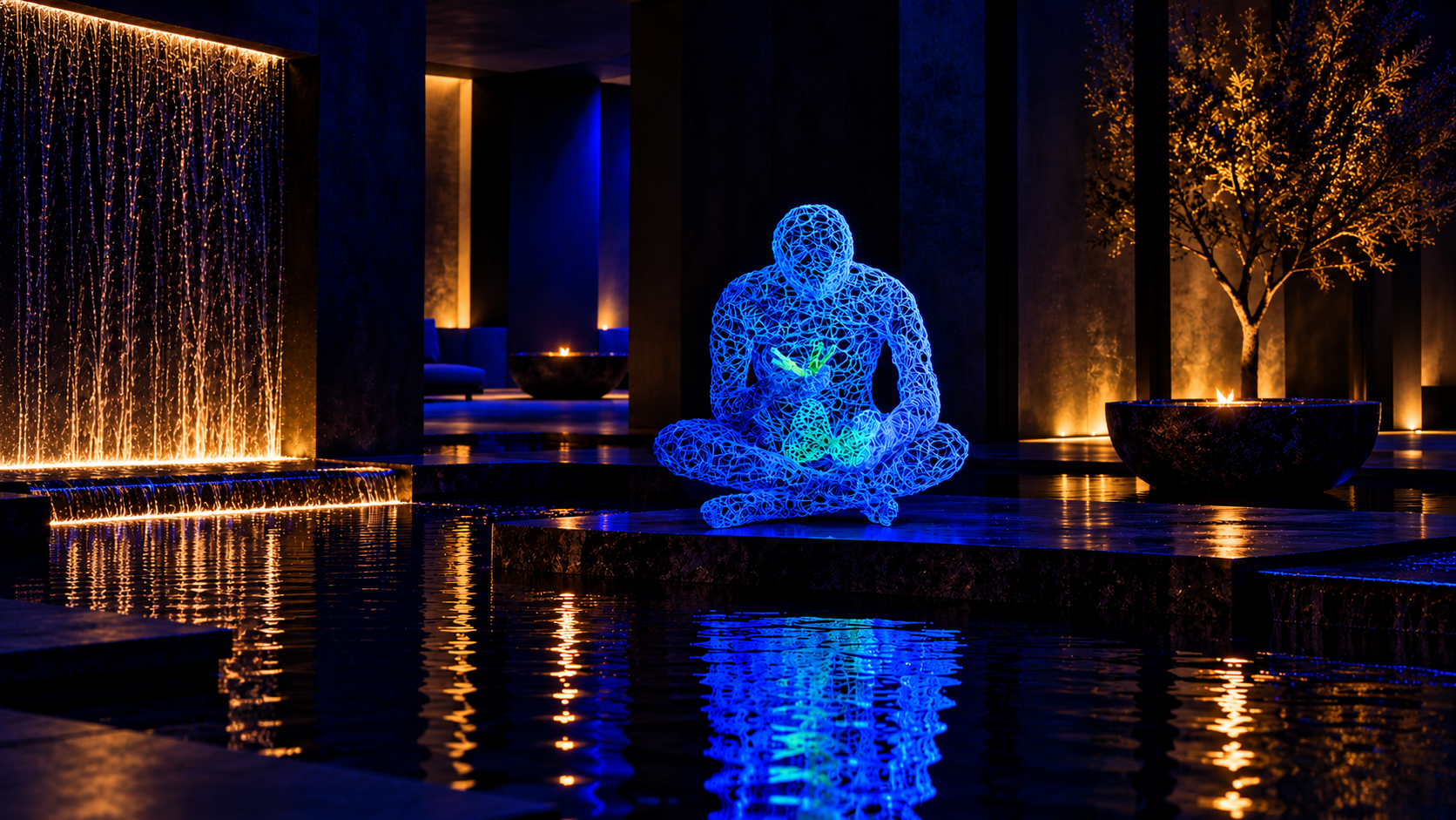 Tra le farfalle: ambientazione digitale della scultura presso uno specchio d’acqua