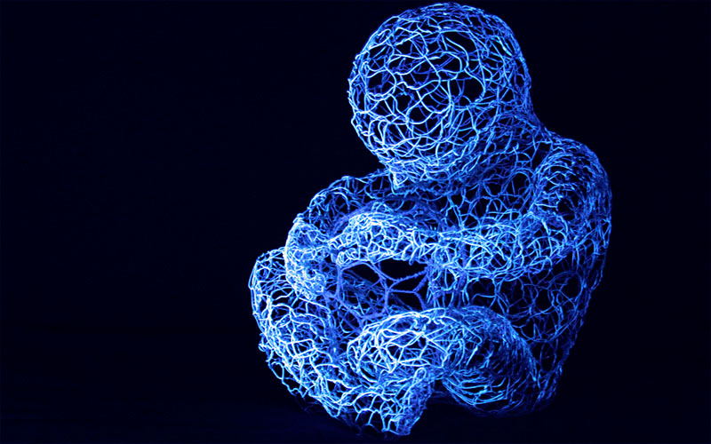 "Giochiamo? - La mia palla" Luminescent woven stainless steel sculpture, cm 44 x 35 x 32, 2015 Unique Piece