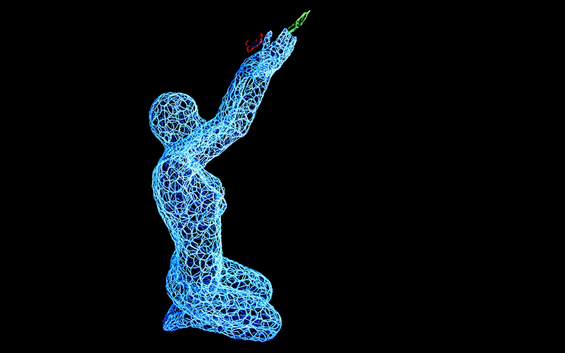 "Respiro - Liberazione" Luminescent woven stainless steel sculpture, cm 133x45x58, 2018 Unique Piece