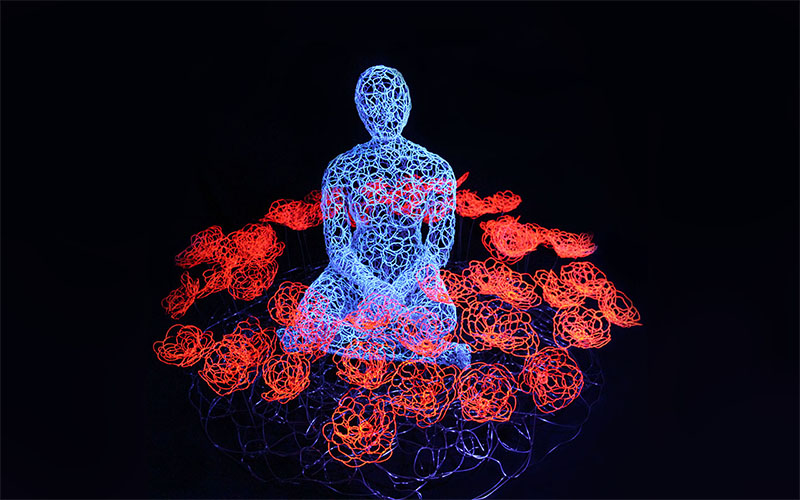 "Respiro - Tra i fiori" Luminescent woven stainless steel sculpture, cm 130 x 130 x 90, 2015 Unique Piece
