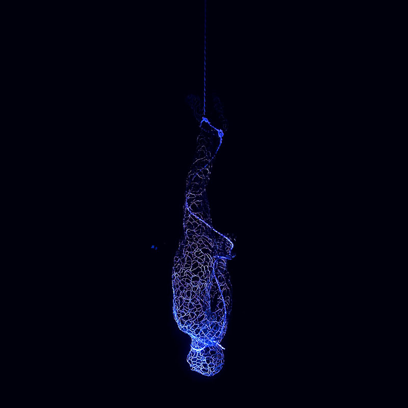 "Tracce - Gravità" Luminescent hand-woven metal sculpture and rope, cm 158 x 37 x 34, 2014 Unique Piece