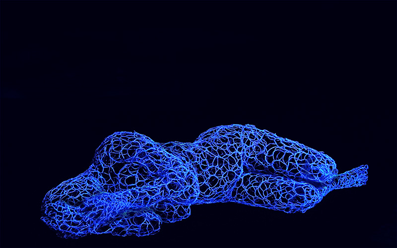 "Tracce - Figura femminile sdraiata" Luminescent hand-woven metal sculpture, cm 32 x 135 x 50, 2014 Unique Piece